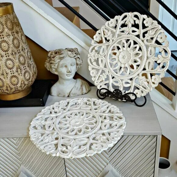 SET/ 2 BOHO Distressed WOOD WALL Medallions - Picture 4 of 6